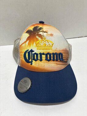 Corona Extra trucker hat sunset palm tree bottle opener built into the visor